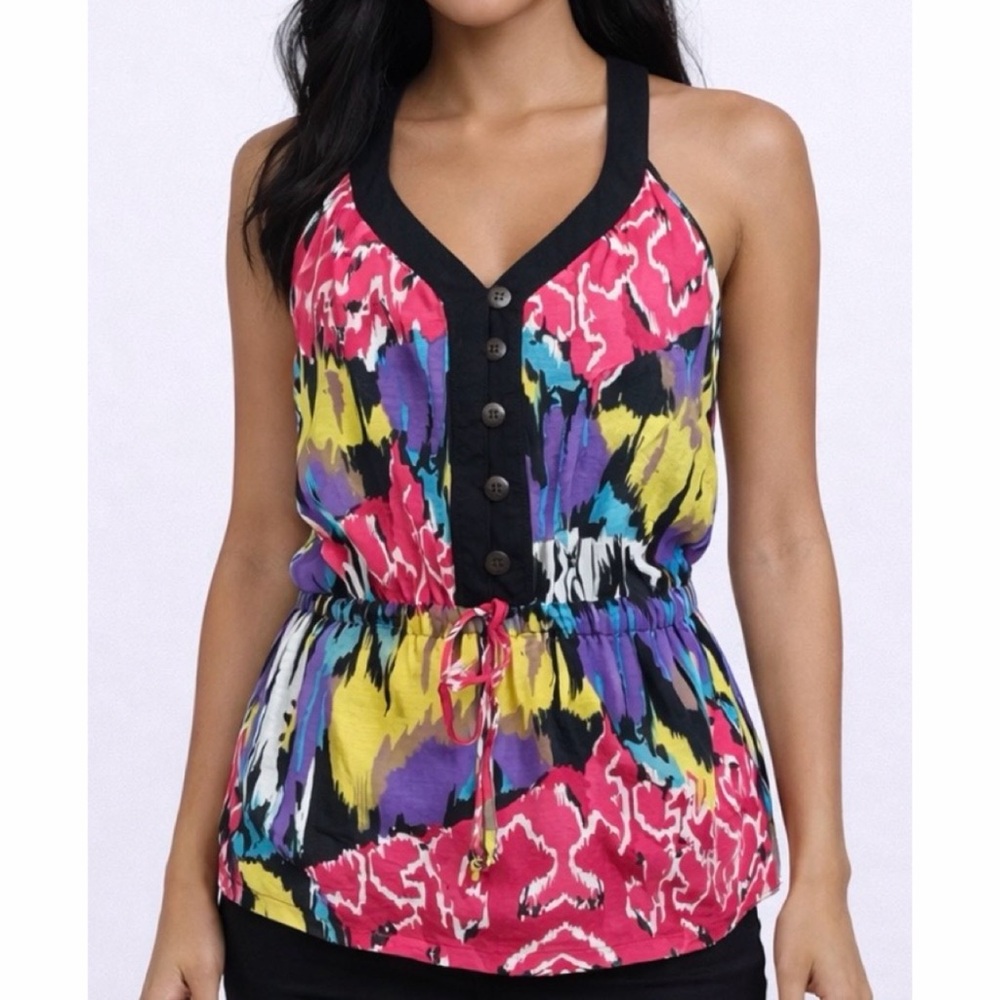 BUFFALO DAVID BITTON • Colorful Abstract Print Peplum Racerback Tank Top, M